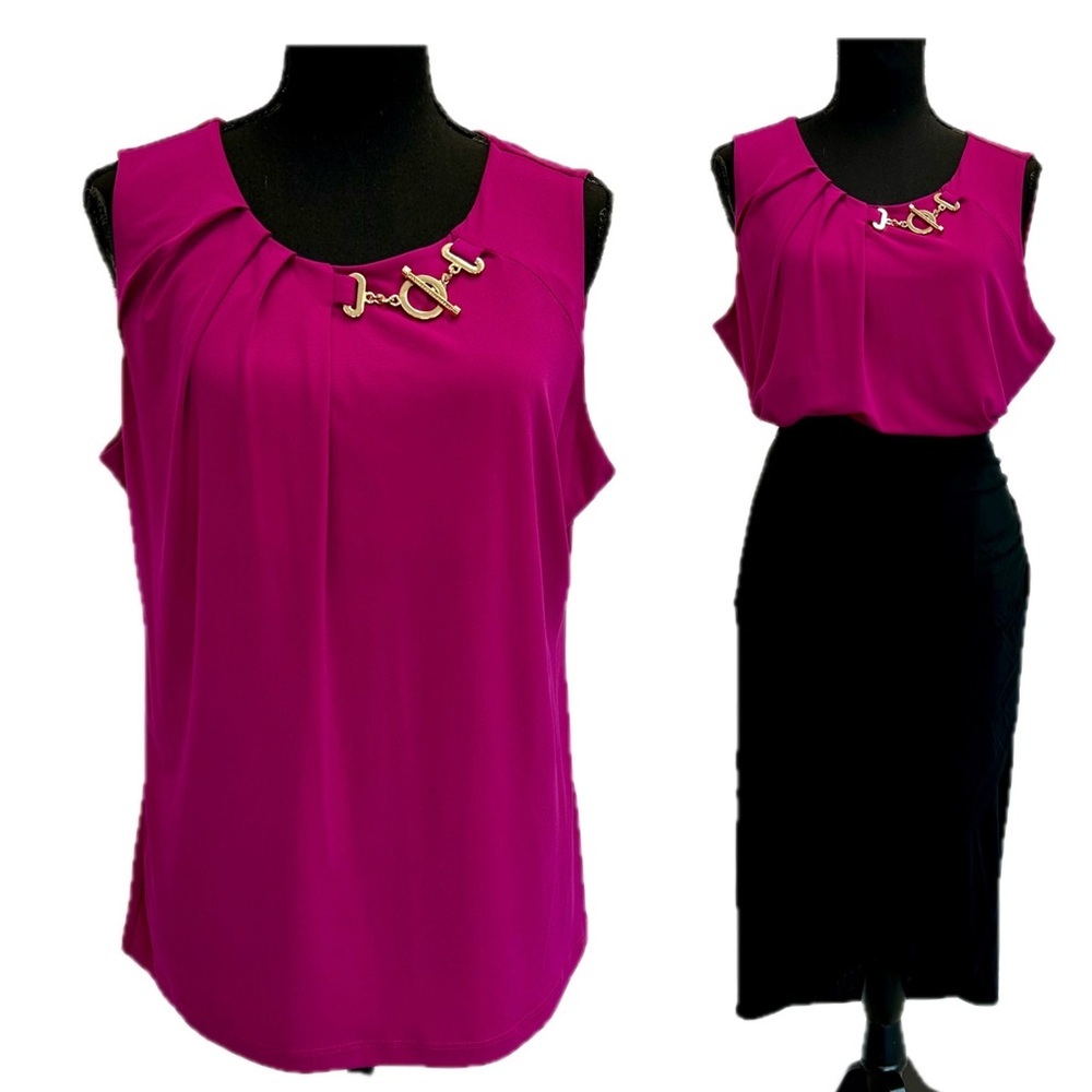 Ivanka Trump fuchsia magenta pink sleeveless pleated gold hardware detail blouse